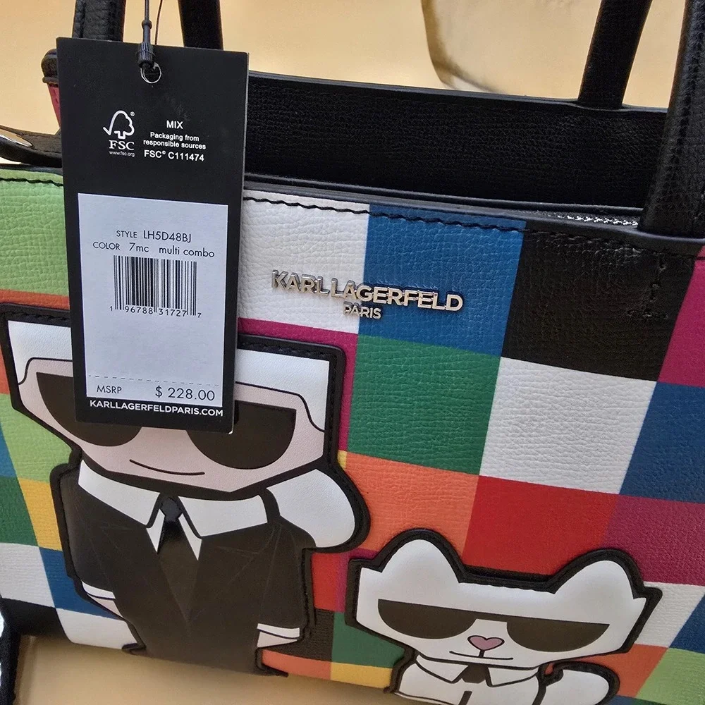 Karl Lagerfeld Paris Colorful Check NWT Maybelle Duo Satchel Crossbody Bag Purse